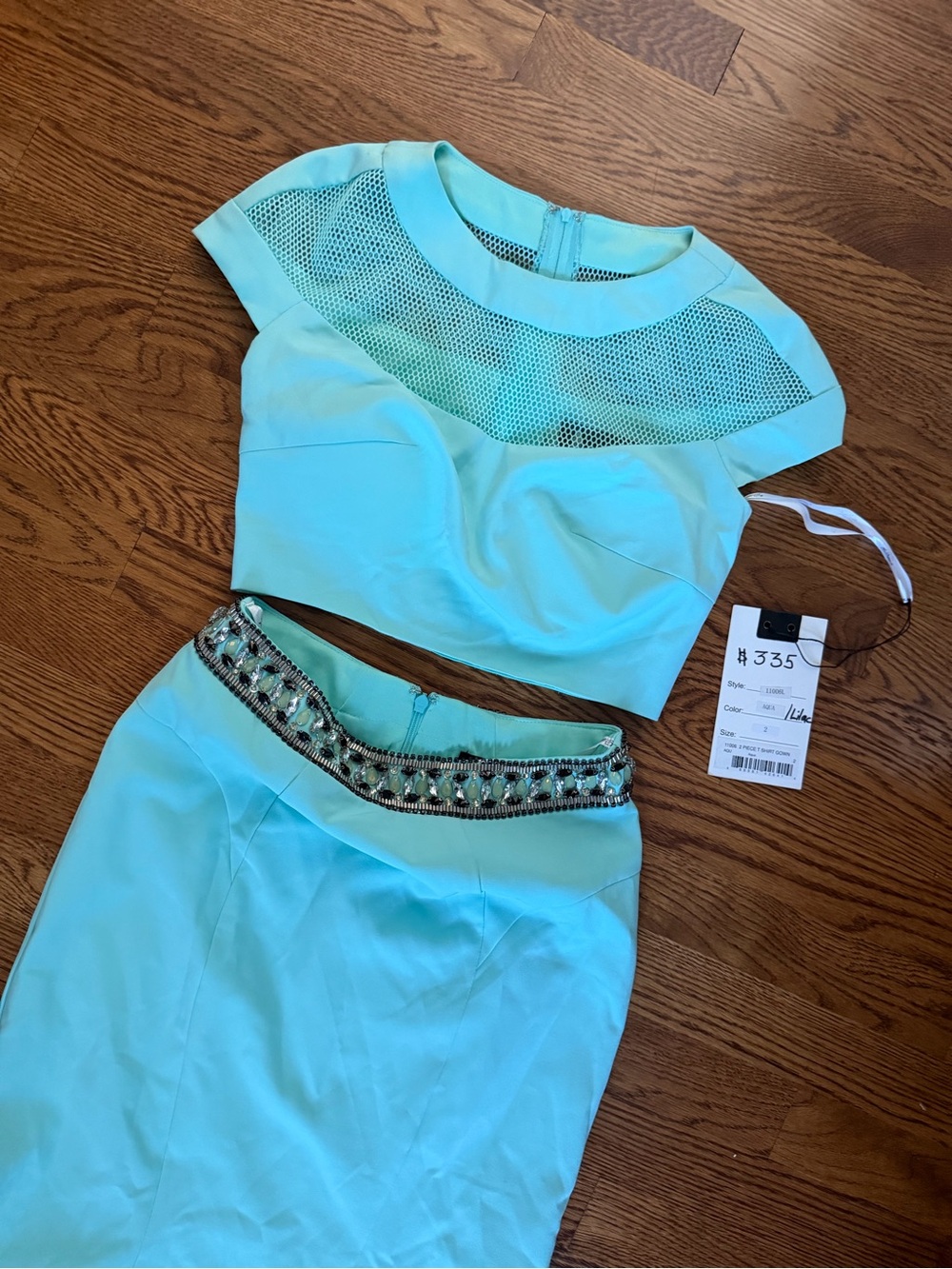 Mac Duggal Aqua Two-Piece Beaded Waist Prom Set